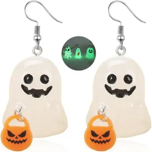 3D Ghost Halloween Luminous Dangle Hook Earrings for Women Resin Pumpkin Smile Face Glow in The Dark Drop Charm Earring Huggie Hoops Earrings Punk Holiday Party Costume Jewelry Gifts