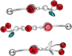3Pcs Cherry Belly Button Ring Navel Jewelry Comfortable Belly Decor for Women Men present for Parties Special Occasions Shiny Cherry Design