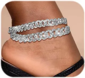 3PCS Gold Silver Ankle Bracelets for Women Clustered Tennis Anklets Bracelet Layered Link Anklet Set Bling Rhinestone Fashion Jewelry for Women Set