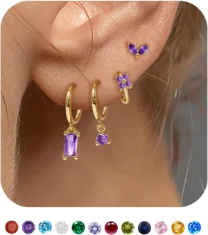 4 Pairs Gold Hoop Earrings Set: 14K Gold Plated Small Huggie Hoop Earrings for Women Dainty Marquise Stud Hypoallergenic Dangle Cartilage Birthstone Earring Stacks for 4 Piercings