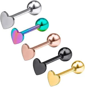 5 Pcs 14G Stainless Steel Heart Tongue Rings for Women Hypoallergenic Tongue Piercing Barbell Cartilage Helix Studs Earrings Body Piercing Jewelry