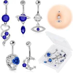 5 PCS Blue Belly Button Rings for Women,Dangle Navel Rings with CZ Stones,Stainless Steel Curved Barbell Body Piercing Jewelry with Box,Cute Belly Ring Gift Set for Women