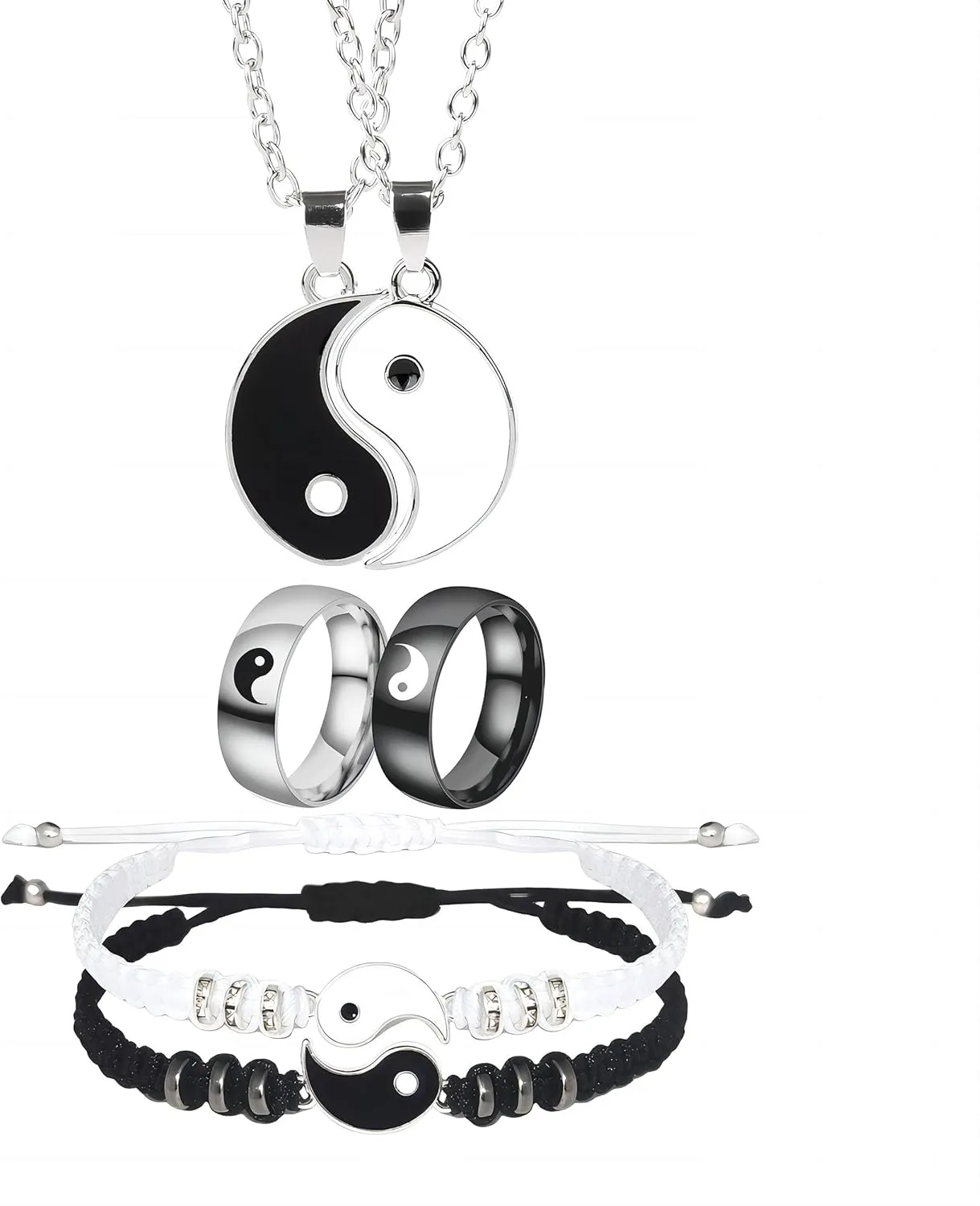 6 Pieces Matching Yin Yang Necklace Set for Couple Adjustable Cord Bracelet Ring Band for Boyfriend Girlfriend Valentine's Day Jewelry