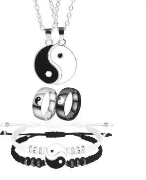 6 Pieces Matching Yin Yang Necklace Set for Couple Adjustable Cord Bracelet Ring Band for Boyfriend Girlfriend Valentine's Day Jewelry