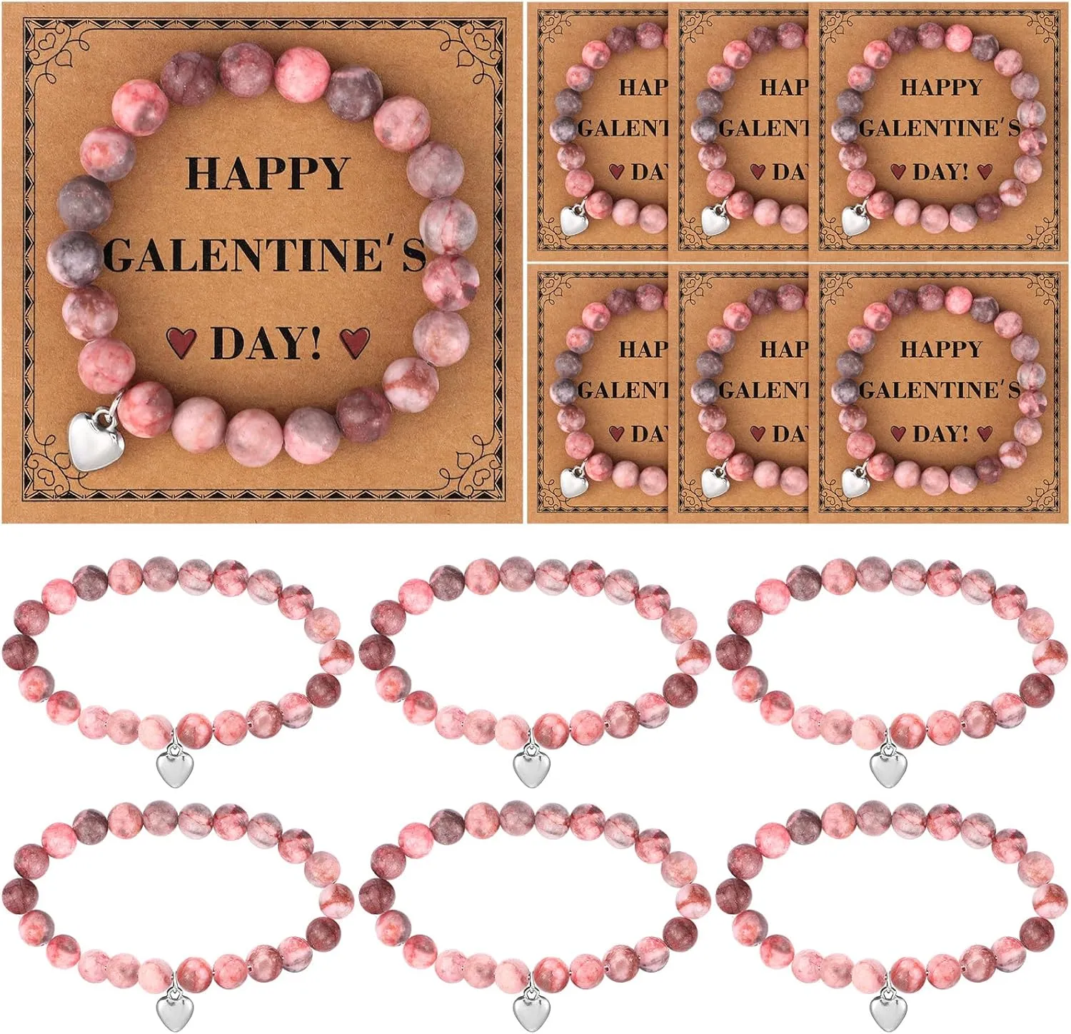 6 Sets Galentines Day Bracelets Galentines Day Gift for Women Bestie Friends Valentines Gift Pink Stone Beaded Friendship Bracelets with Cards for Her Sister BFF Daughter