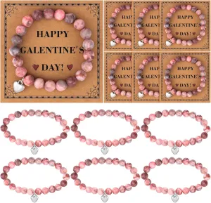 6 Sets Galentines Day Bracelets Galentines Day Gift for Women Bestie Friends Valentines Gift Pink Stone Beaded Friendship Bracelets with Cards for Her Sister BFF Daughter