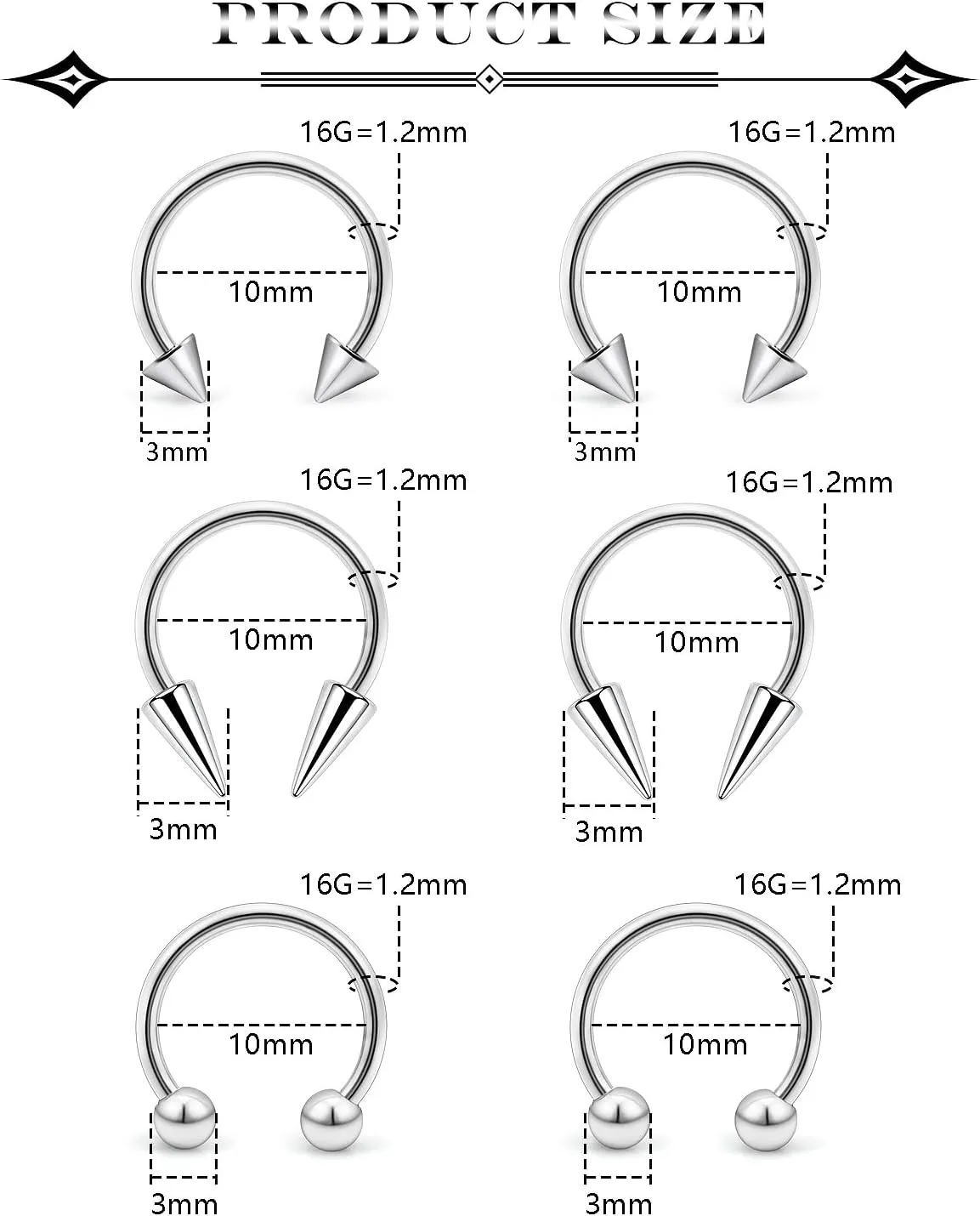 6Pcs Septum Rings 16G Surgical Steel Snake Bite Jewelry Long Spike Horseshoe Lip Rings Smiley Piercing Jewelry for Women Men 8mm 10mm
