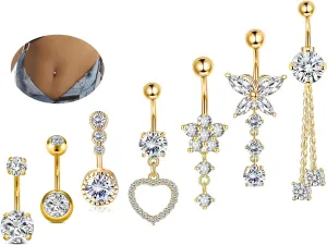 7 Pcs Gold Belly Button Ring Dangle for Women Hypoallergenic Surgical Stainless Steel Dangling Belly Rings Butterfly Heart CZ Cute Long Belly Button Piercing Dangly Navel Piercings Pack Belly Piercing Jewelry