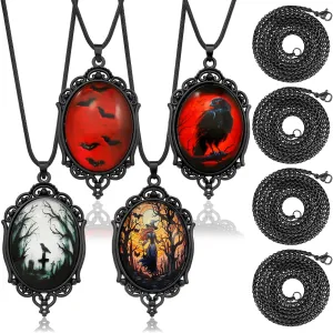 8 Pcs Gothic Necklace Goth Jewelry Witch Gifts For Women Cameo Choker Necklaces Black Stainless Steel Chains Blood Vampire Bat Crow Cross Costume Party