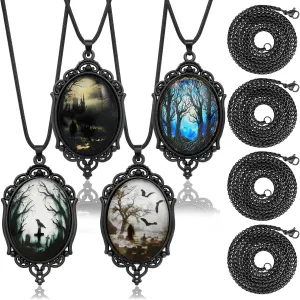 8 Pcs Gothic Necklace Goth Jewelry Witch Gifts For Women Cameo Choker Necklaces Black Stainless Steel Chains Blood Vampire Bat Crow Cross Costume Party