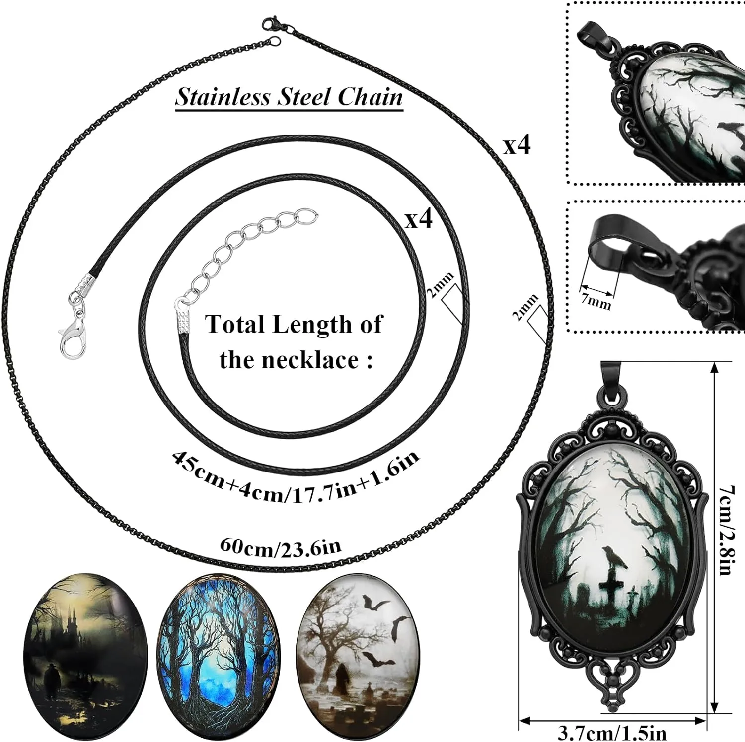 8 Pcs Gothic Necklace Goth Jewelry Witch Gifts For Women Cameo Choker Necklaces Black Stainless Steel Chains Blood Vampire Bat Crow Cross Costume Party