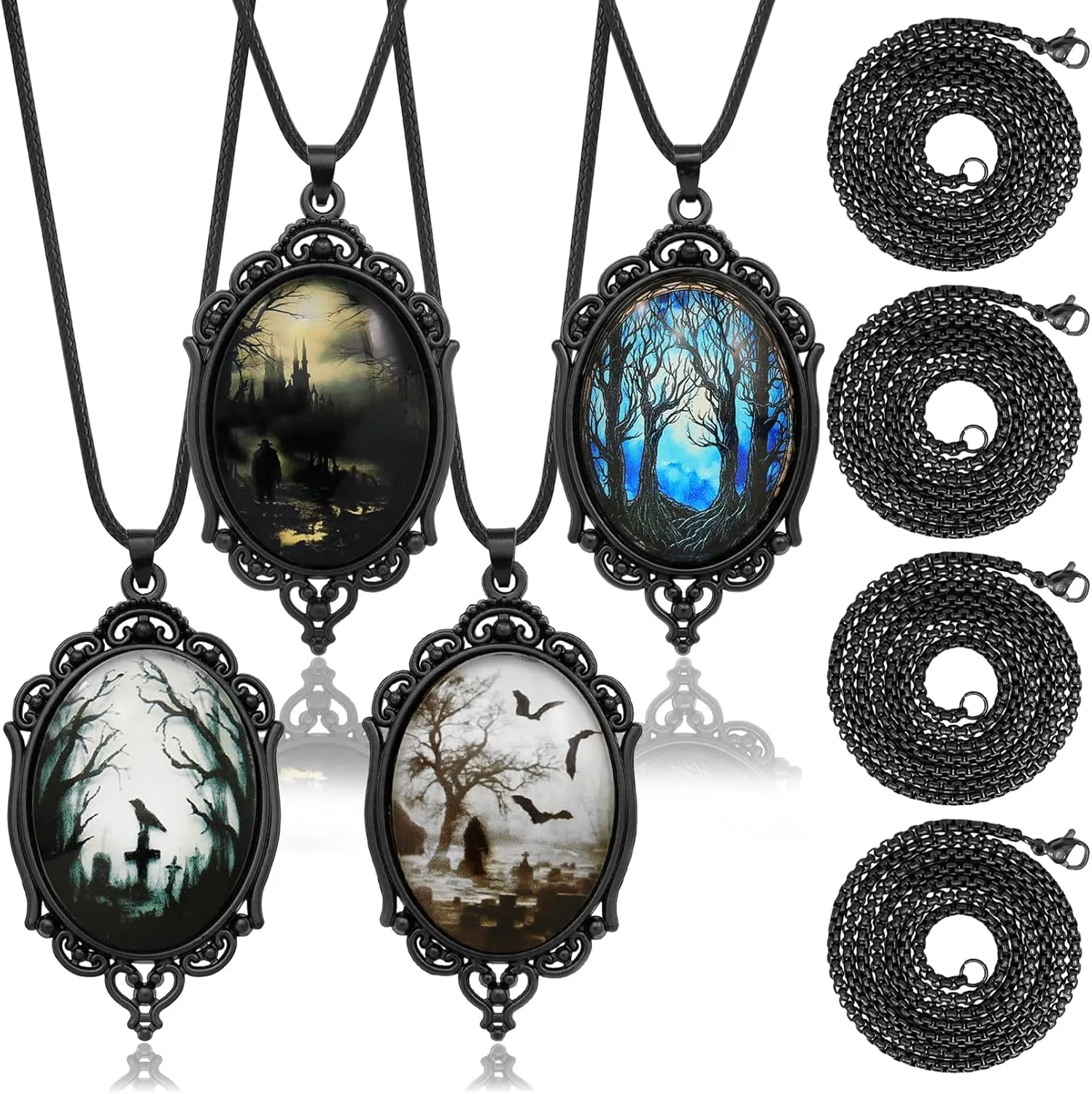 8 Pcs Gothic Necklace Goth Jewelry Witch Gifts For Women Cameo Choker Necklaces Black Stainless Steel Chains Blood Vampire Bat Crow Cross Costume Party