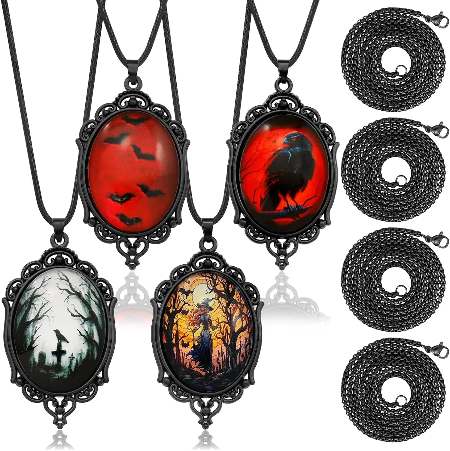 8 Pcs Gothic Necklace Goth Jewelry Witch Gifts For Women Cameo Choker Necklaces Black Stainless Steel Chains Blood Vampire Bat Crow Cross Costume Party
