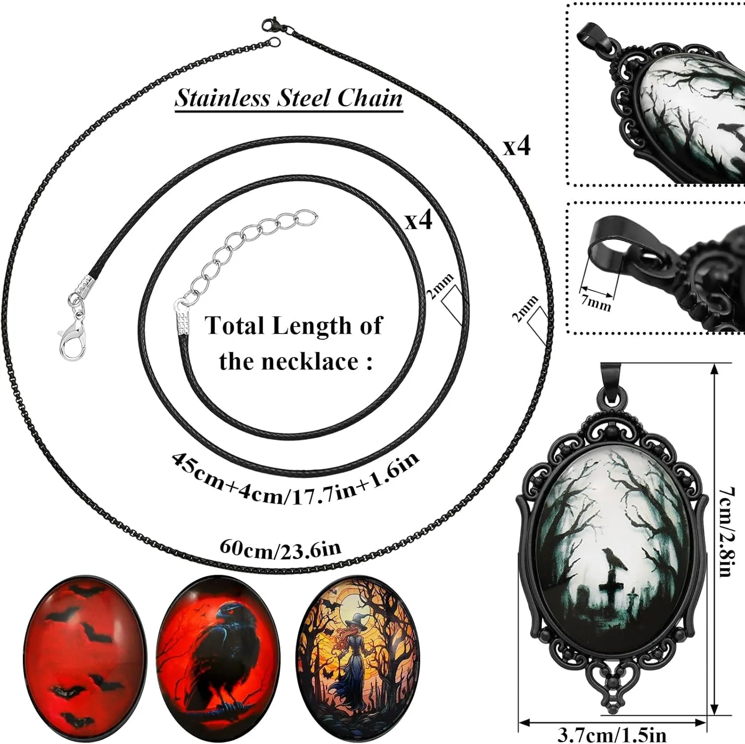 8 Pcs Gothic Necklace Goth Jewelry Witch Gifts For Women Cameo Choker Necklaces Black Stainless Steel Chains Blood Vampire Bat Crow Cross Costume Party