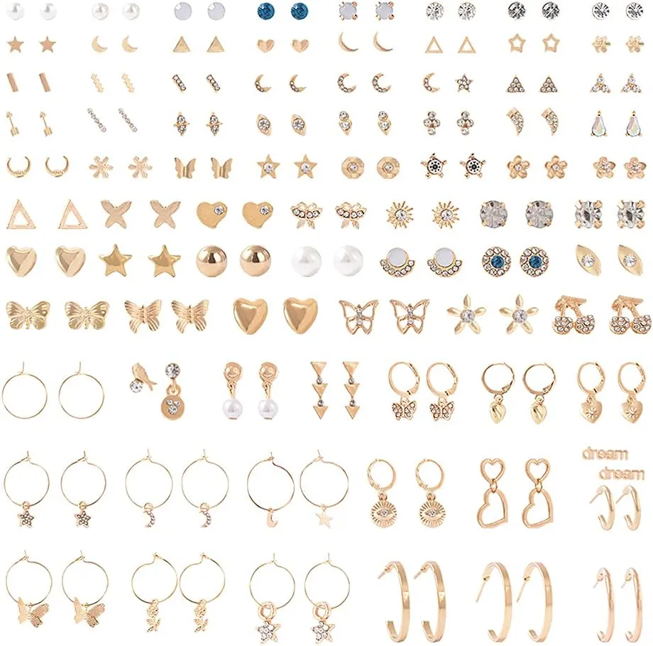 80 Pairs Earring Sets for Women Hypoallergenic Assorted Multiple Stud Earrings Set Cute Star Moon Heart Ball Faux Pearl Small Butterfly Jewelry Graduation Gifts