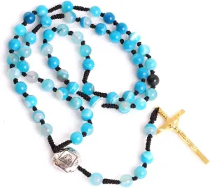 8mm Anglican Muslim Catholic Christian Episcopal Prayer Rosary Gemstone Beads Cross Pendant Necklace Jesus for Men 27 inches Beaded Necklace Handmade (Blue Matte Sardonyx Onyx)