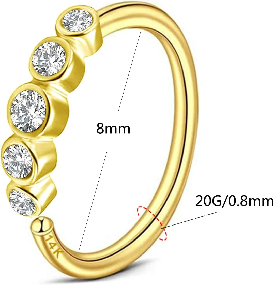 8mm Solid 14K Gold Nose Ring Hoop - 20G CZ Bendable Stud Jewelry for Women's Nose and Cartilage Piercings