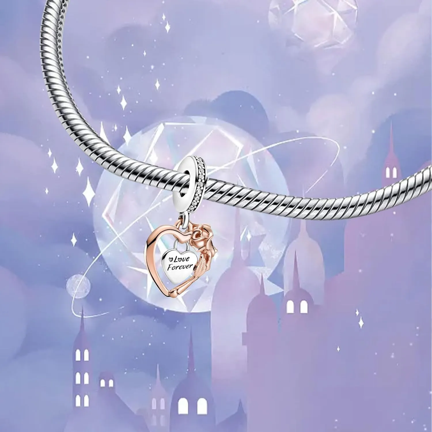 925 Sterling Silver Charms with 5A Cubic Zirconias for Bracelet Necklace Rose Flower Lucky Clover Medallion Pendant Beads Rabbit Heart Clip Murano Glass Charm Jewellery Gift for Women Girls