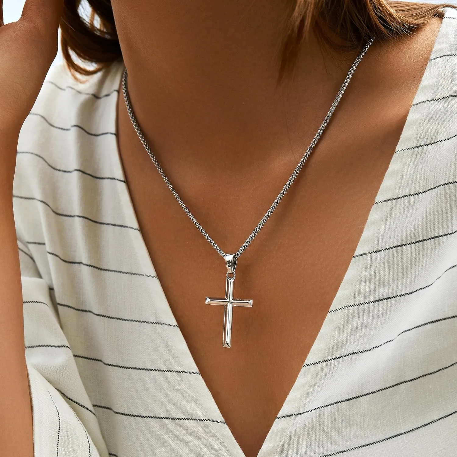 925 Sterling Silver Cross Necklace for Men Women with 3MM Stainless Steel Strong Durable Wheat Chain 18K White Gold Plated Beveled Edge Crucifix Pendant Necklace Jewelry Present 16-28 Inches