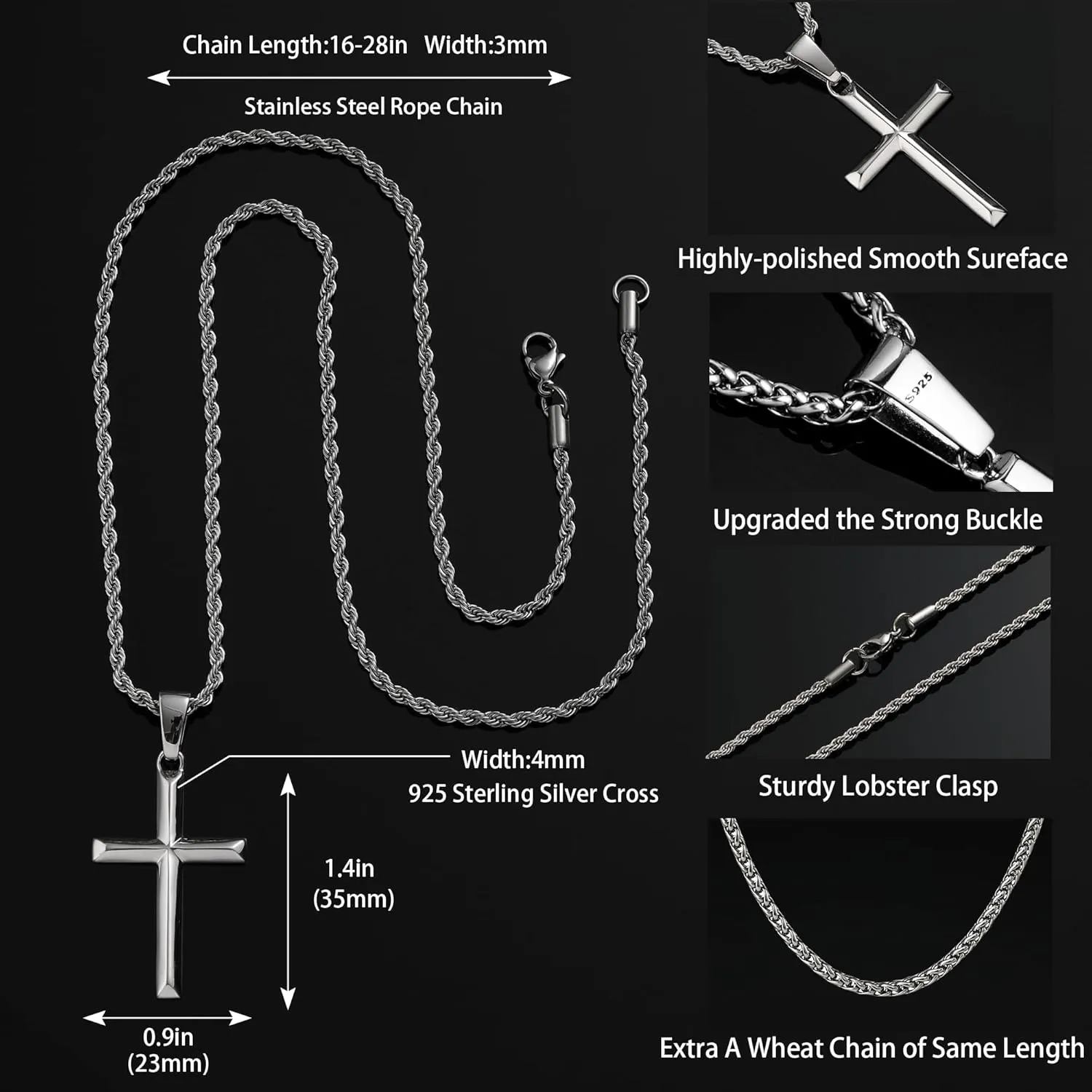 925 Sterling Silver Cross Necklace for Men Women with 3MM Stainless Steel Strong Durable Wheat Chain 18K White Gold Plated Beveled Edge Crucifix Pendant Necklace Jewelry Present 16-28 Inches