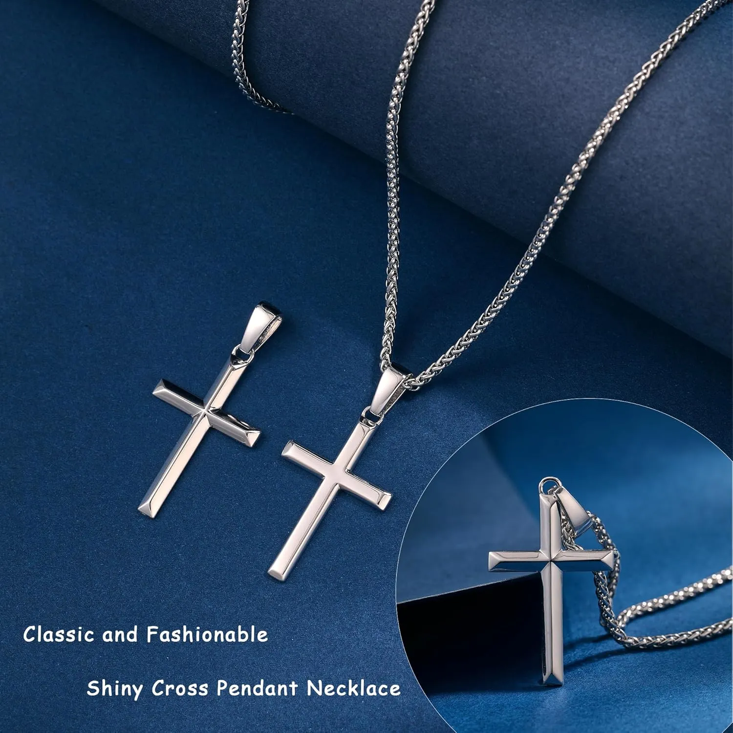 925 Sterling Silver Cross Necklace for Men Women with 3MM Stainless Steel Strong Durable Wheat Chain 18K White Gold Plated Beveled Edge Crucifix Pendant Necklace Jewelry Present 16-28 Inches