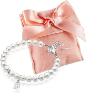925 Sterling Silver Daisy Initial Bracelet, White Pearl Charm Bracelet with A-Z Letter Charms, Personalized Baby jewelry, Baptism Gifts for Girl or Boy, Birthday Gifts, Bracelets for Girls