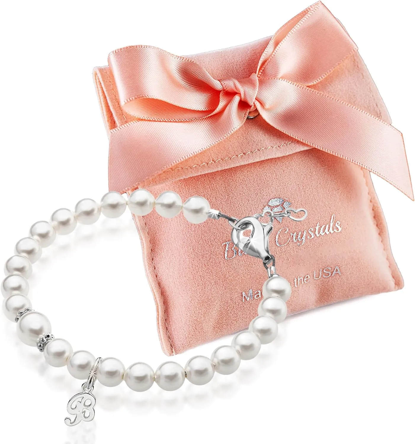 925 Sterling Silver Daisy Initial Bracelet, White Pearl Charm Bracelet with A-Z Letter Charms, Personalized Baby jewelry, Baptism Gifts for Girl or Boy, Birthday Gifts, Bracelets for Girls