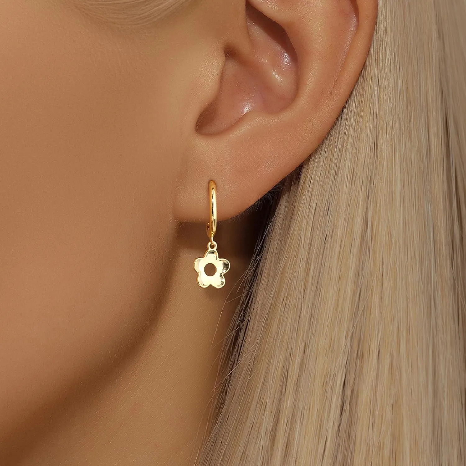 925 Sterling Silver Flower CZ Dangle Earrings for Women Mother 14K Gold Plated Solid Hollow Flower Hoop Huggie Studs to Daughter Mom Romantic Trendy Graduation Jewelry Gift for Her