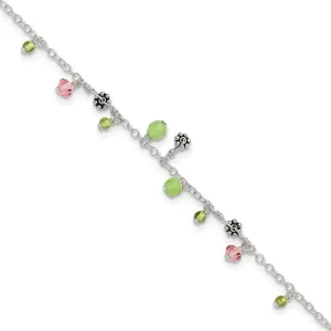 925 Sterling Silver Pink Crystal/Green Quartz and Peridot Bead Ankle Anklet Chain Fine Jewelry For Women Gifts For Her, 9"