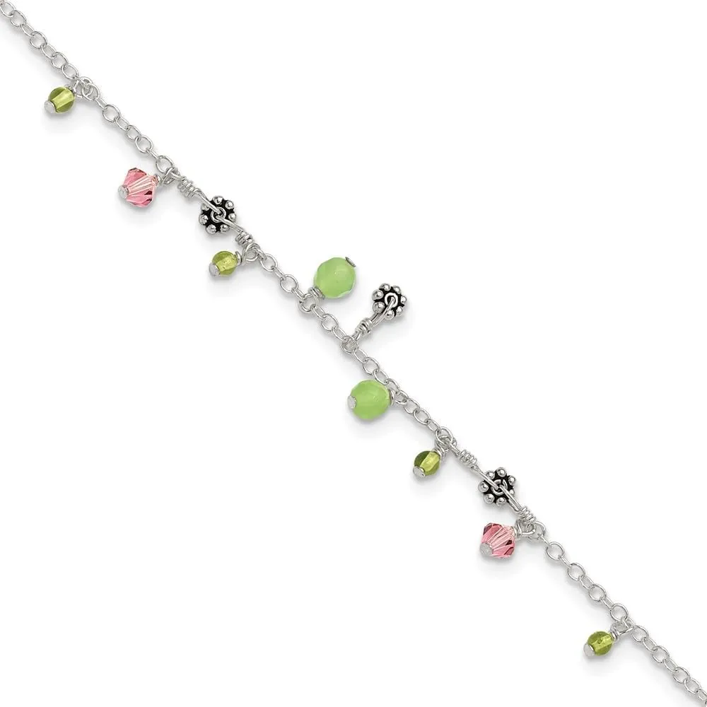 925 Sterling Silver Pink Crystal/Green Quartz and Peridot Bead Ankle Anklet Chain Fine Jewelry For Women Gifts For Her, 9"