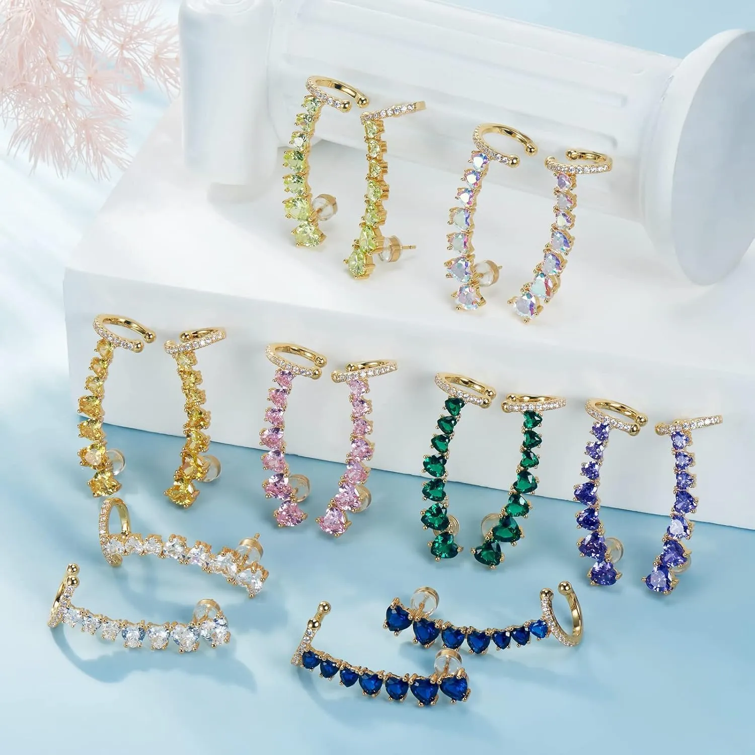 925 Sterling Silver Post Stud Earrings for Women Cartilage Ear Cuffs Hoop Climber 7 Multcolors Cubic Zirconia CZ Hypoallergenic Piercing Gifts For Her