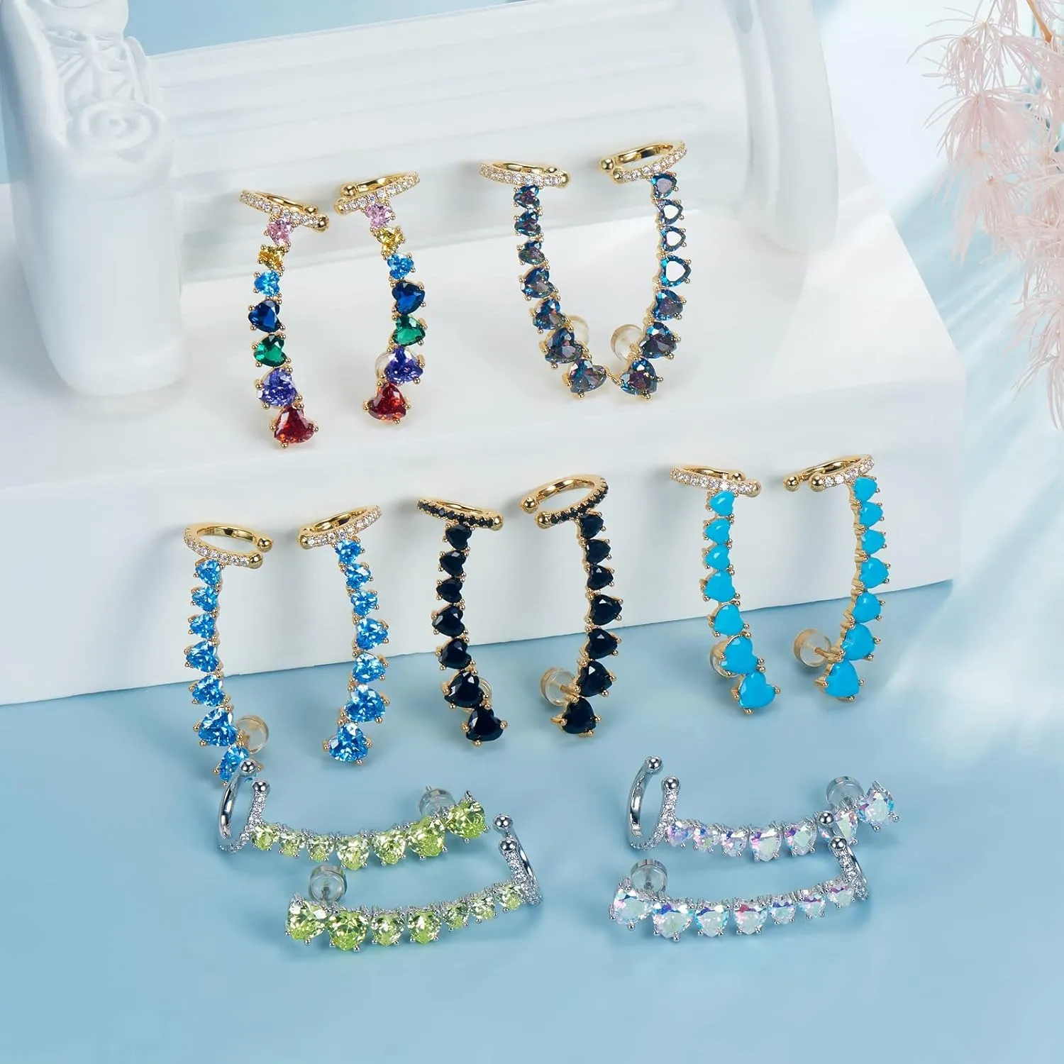 925 Sterling Silver Post Stud Earrings for Women Cartilage Ear Cuffs Hoop Climber 7 Multcolors Cubic Zirconia CZ Hypoallergenic Piercing Gifts For Her