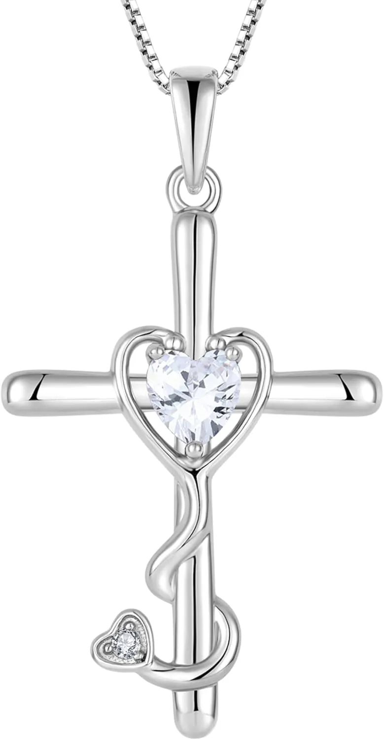 925 Sterling Silver Stethoscope Cross Necklace, Medicine Birthstone Pendant Jewelry Gift for Women Graduation Nurse Doctor