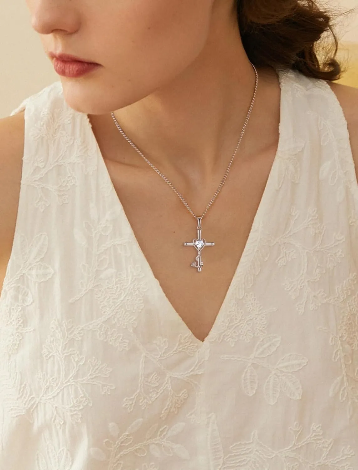 925 Sterling Silver Stethoscope Cross Necklace, Medicine Birthstone Pendant Jewelry Gift for Women Graduation Nurse Doctor