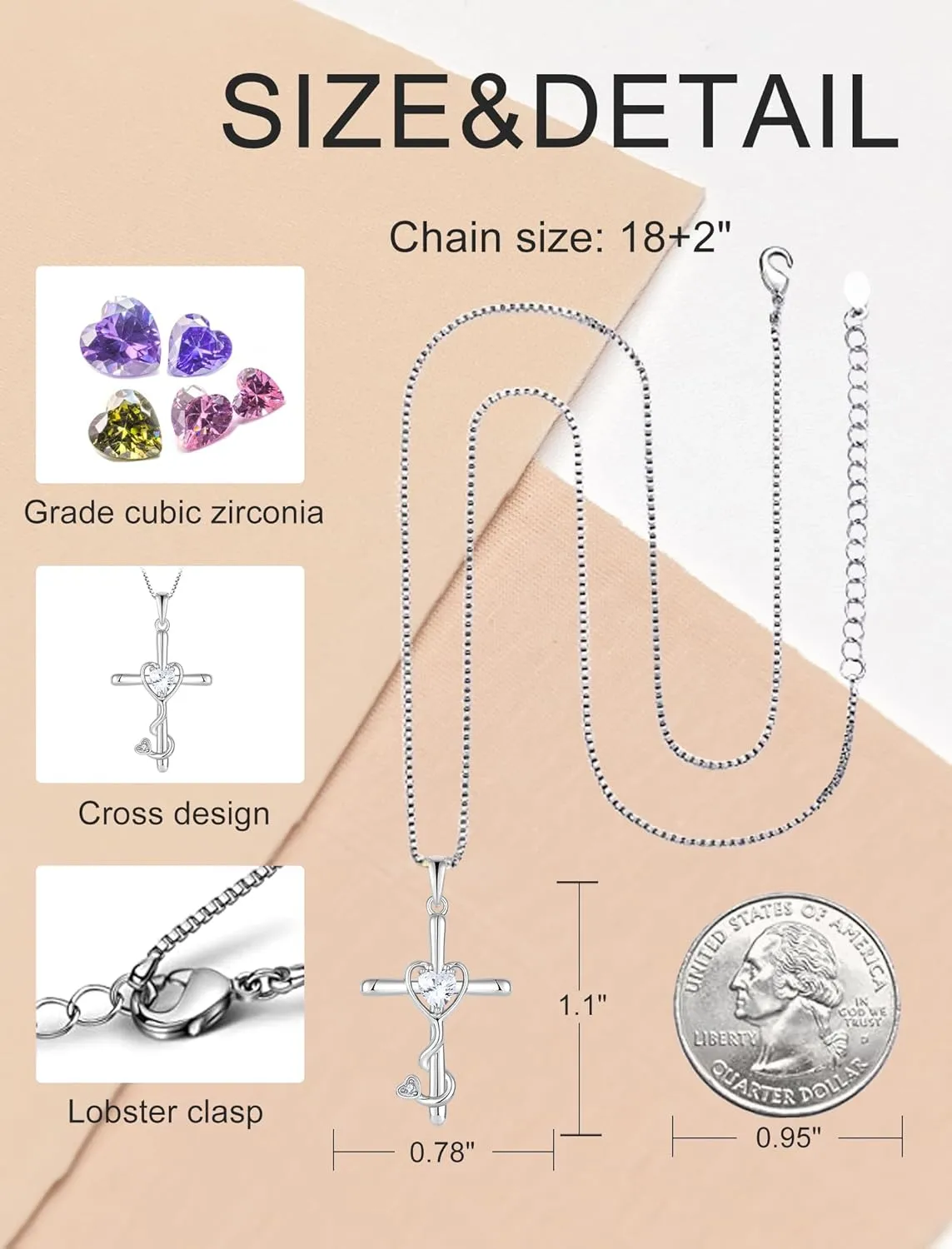 925 Sterling Silver Stethoscope Cross Necklace, Medicine Birthstone Pendant Jewelry Gift for Women Graduation Nurse Doctor