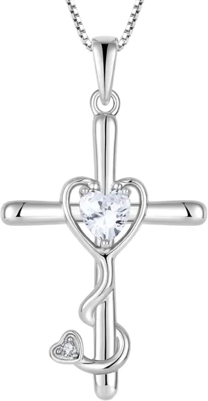 925 Sterling Silver Stethoscope Cross Necklace, Medicine Birthstone Pendant Jewelry Gift for Women Graduation Nurse Doctor
