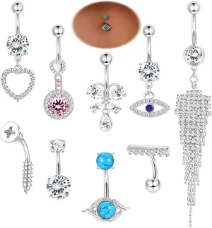 9Pcs 14G Belly Button Rings for Women Surgical Stainless Steel Belly Rings Cute Navel Rings Butterfly Evil Eye Heart Tassel Dangle Belly Button Ring Set Silver Belly Button Piercing Jewelry