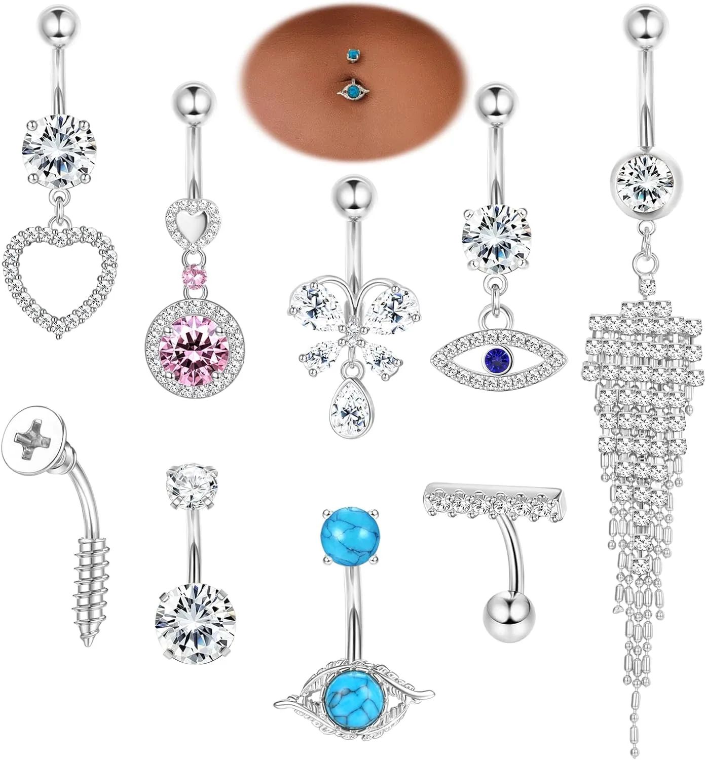 9Pcs 14G Belly Button Rings for Women Surgical Stainless Steel Belly Rings Cute Navel Rings Butterfly Evil Eye Heart Tassel Dangle Belly Button Ring Set Silver Belly Button Piercing Jewelry