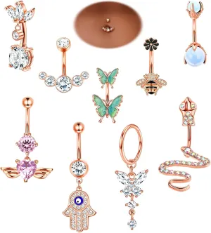 9Pcs 14G Belly Button Rings for Women Surgical Stainless Steel Belly Rings Cute Navel Rings Butterfly Snake Evil Eye Heart Hoop Dangle Belly Button Ring Set Rose Gold Belly Button Piercing Jewelry