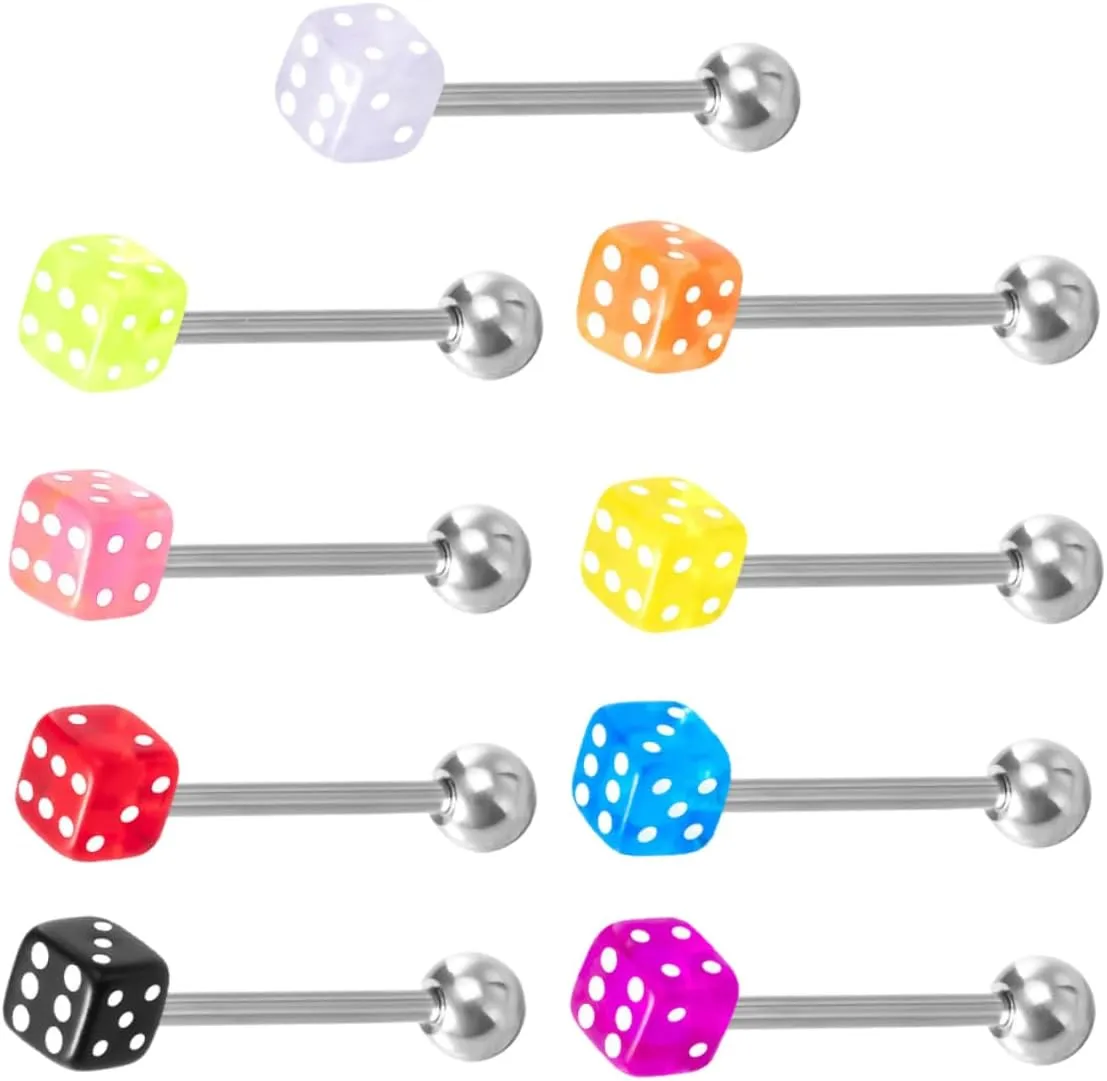 9pcs Acrylic Tongue Rings Dice Shape Jewelry Titanium Steel Tongue Piercing Nails for Men Women