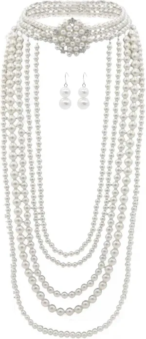 ABJFJE Womens Multi Layer Faux Pearl Crystal Flower Choker Necklace and Drop Earring Set Fashion Large Simulated Pearl Statement Collar Bib Long Sweater Necklace Costume Jewelry Set