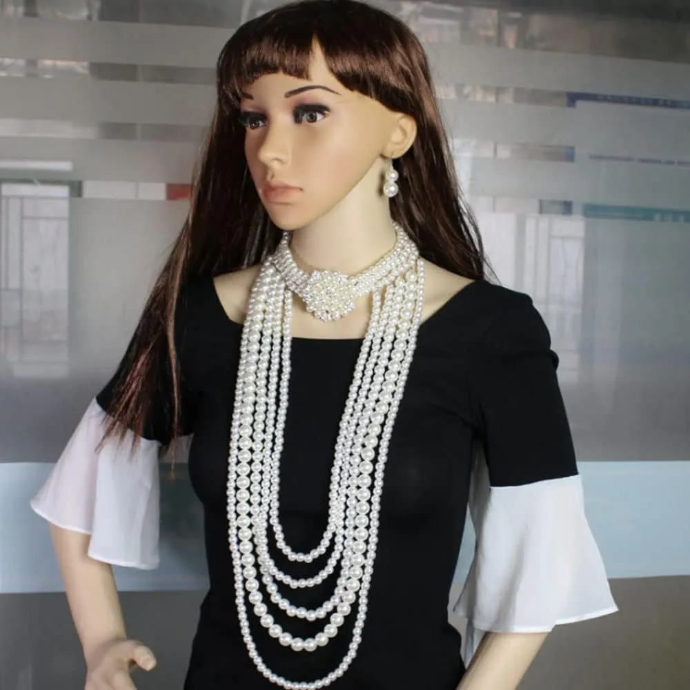 ABJFJE Womens Multi Layer Faux Pearl Crystal Flower Choker Necklace and Drop Earring Set Fashion Large Simulated Pearl Statement Collar Bib Long Sweater Necklace Costume Jewelry Set