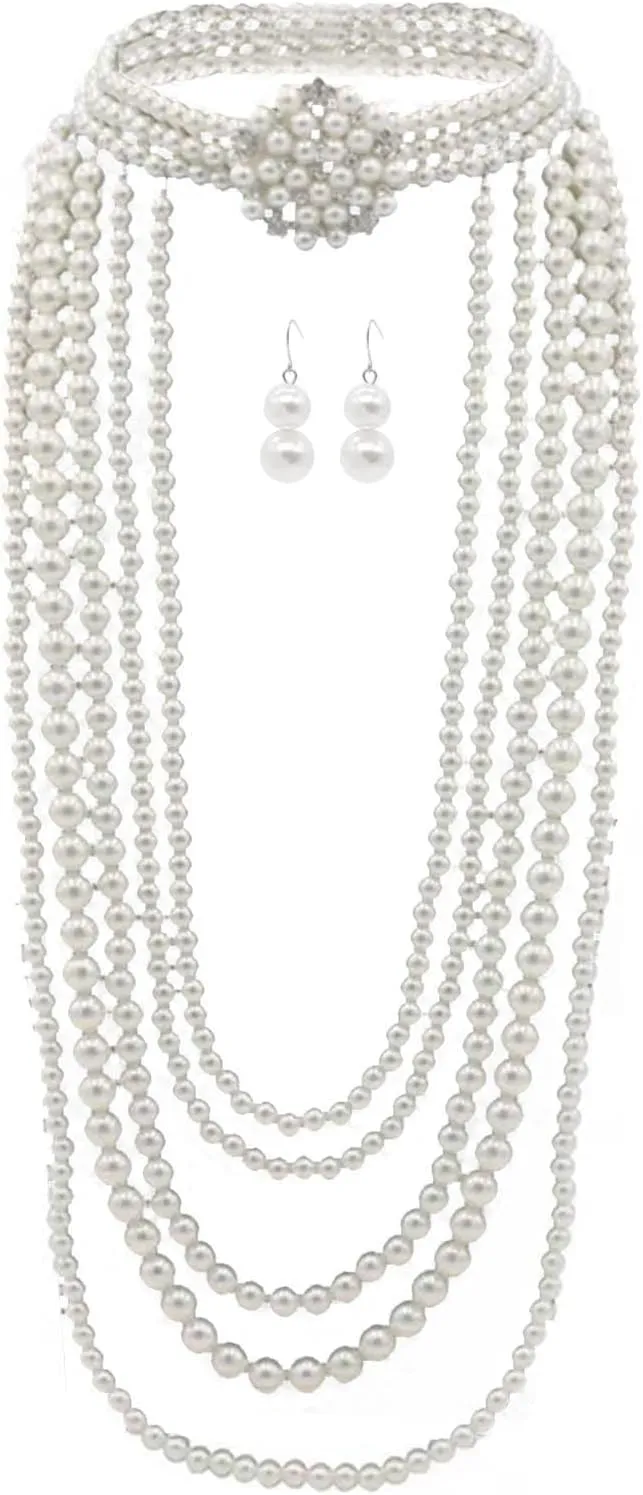 ABJFJE Womens Multi Layer Faux Pearl Crystal Flower Choker Necklace and Drop Earring Set Fashion Large Simulated Pearl Statement Collar Bib Long Sweater Necklace Costume Jewelry Set