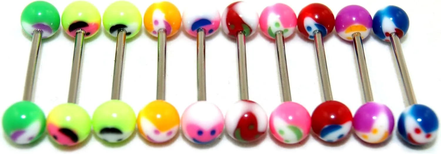 Acrylic Tongue Rings Barbells Bar 14G Happy Smiley LOT of 10