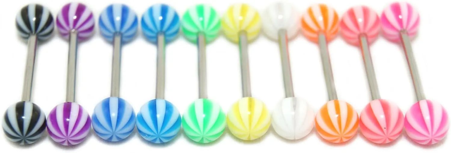 Acrylic Tongue Rings Barbells Bar 14G Stripes Design LOT of 10
