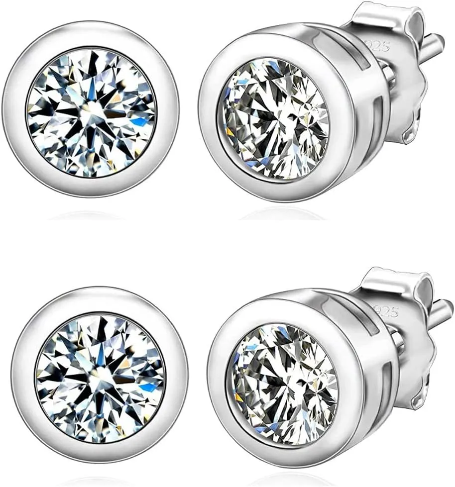 Adabele Authentic Sterling Silver Cubic Zirconia Diamond Gemstone Small Bezel Stud Earrings Hypoallergenic Nickel Free Tarnish Resistant Women Birthday Fine Jewelry