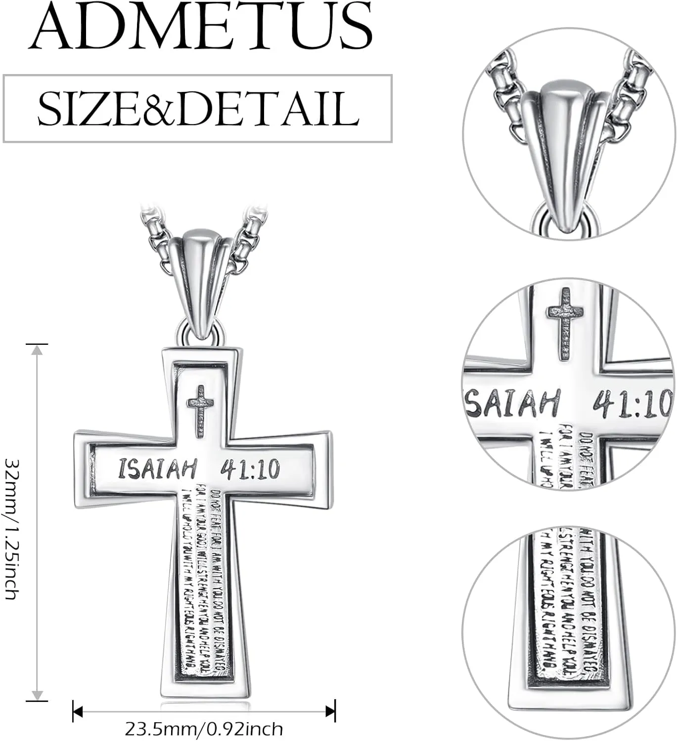 ADMETUS Cross Necklaces 925 Sterling Silver Bible Verse Pendant Jewelry Inspirational Gifts for Men with 22" 2" Rolo Chain