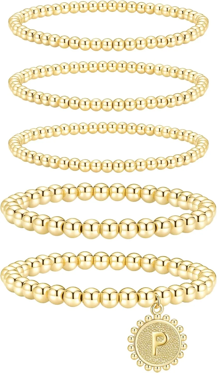 adoyi Gold Silver Bracelets for Women Beaded Bracelet 14K Gold Plated Bracelet Stack Initial Letter A-Z Strand Stretch Bead Stackable Bracelet Set Adjustable Jewelry Gift for Women