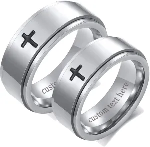 Aienid Stainless Steel Couple Band Cross Rings Silver Wedding Ring for Him and Her