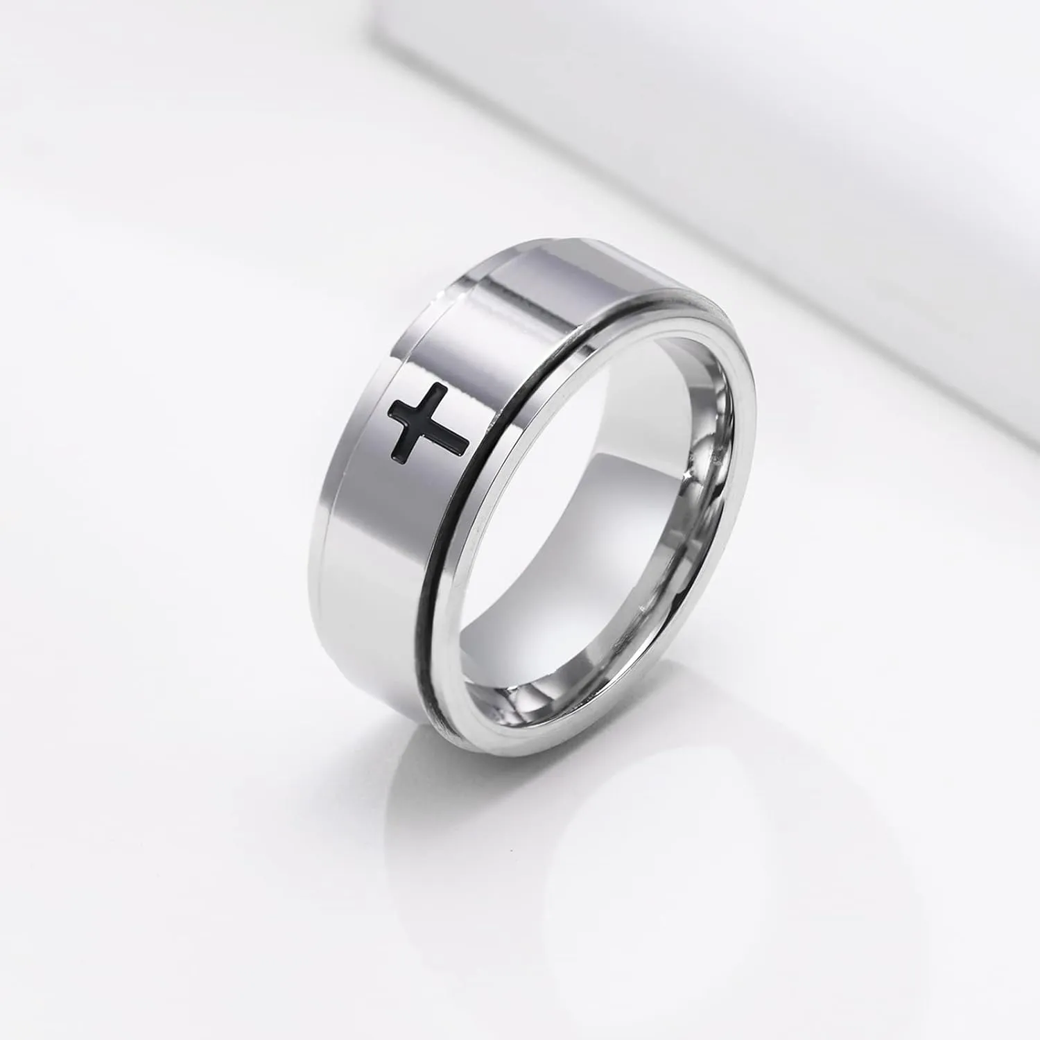 Aienid Stainless Steel Couple Band Cross Rings Silver Wedding Ring for Him and Her